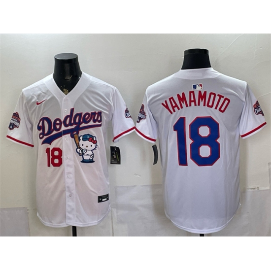 Men's Los Angeles Dodgers #18 Yoshinobu Yamamoto White Hello Kitty Night 2025 World Series Champions Stitched Baseball Jersey - Ujersey