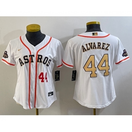 Women's Houston Astros #44 Yordan Alvarez Number 2023 White Gold World Serise Champions Cool Base Stitched Jerseys - Ujersey