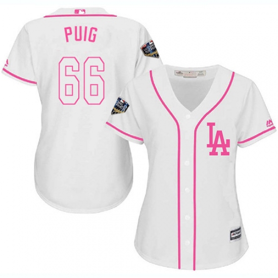Women's Majestic Los Angeles Dodgers #66 Yasiel Puig Authentic White Fashion Cool Base 2018 World Series MLB Jersey - Ujersey