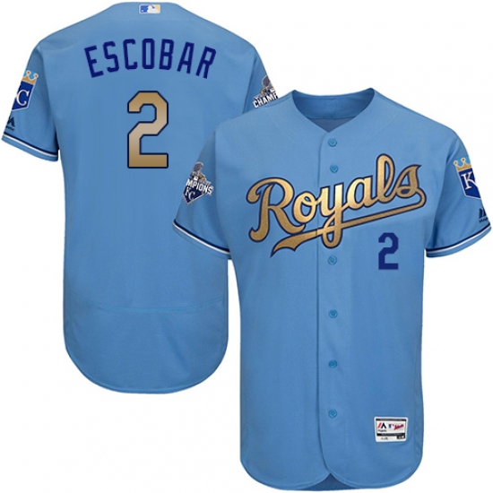 Men's Majestic Kansas City Royals #2 Alcides Escobar Authentic Light Blue 2015 World Series Champions Gold Program FlexBase MLB Jersey - Ujersey