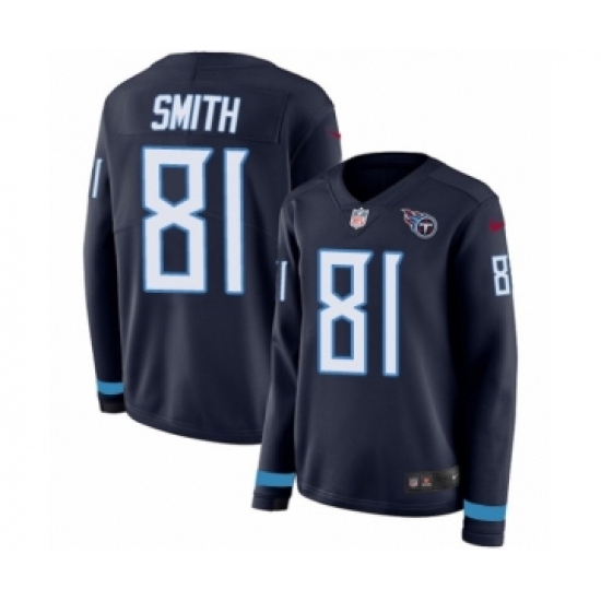 Women's Nike Tennessee Titans #81 Jonnu Smith Limited Navy Blue Therma Long Sleeve NFL Jersey - Ujersey