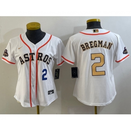 Women's Houston Astros #2 Alex Bregman Number 2023 White Gold World Serise Champions Cool Base Stitched Jersey - Ujersey