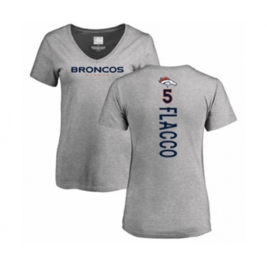 Football Women's Denver Broncos #5 Joe Flacco Ash Backer V-Neck T-Shirt - Ujersey