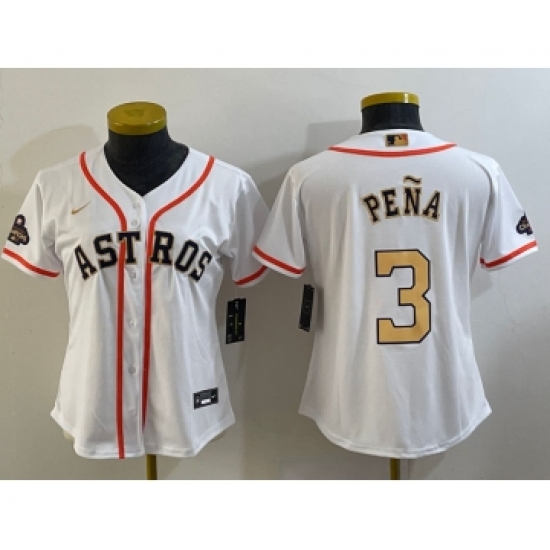 Women's Houston Astros #3 Jeremy Pena 2023 White Gold World Serise Champions Cool Base Stitched Jersey - Ujersey