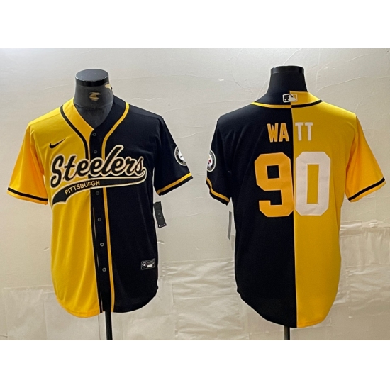Men's Pittsburgh Steelers #90 TJ Watt Yellow Black Split With Cool Base Stitched Baseball Jersey - Ujersey