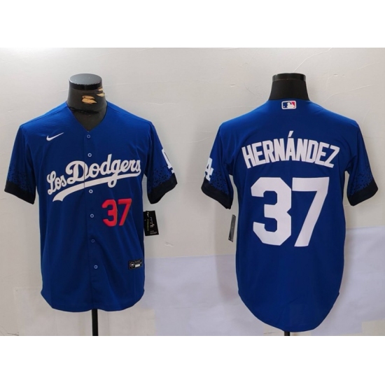 Men's Los Angeles Dodgers #37 Teoscar Hernández Blue Cool Base Stitched Baseball Jersey1 - Ujersey