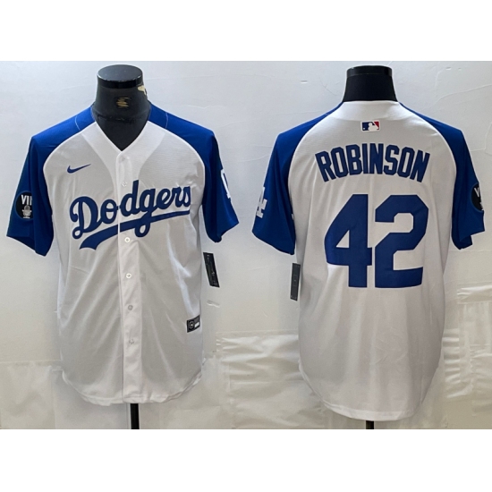 Men's Los Angeles Dodgers #42 Jackie Robinson White Blue Fashion Stitched Cool Base Limited Jerseys - Ujersey