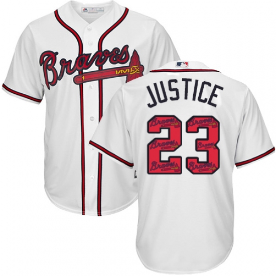 Men's Majestic Atlanta Braves #23 David Justice Authentic White Team Logo Fashion Cool Base MLB Jersey
