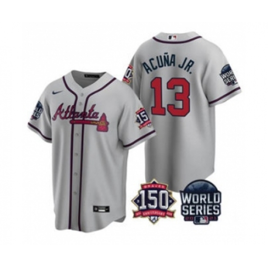 Men's Atlanta Braves #13 Ronald Acuna Jr. 2021 Gray World Series With 150th Anniversary Patch Cool Base Baseball Jersey - Ujersey