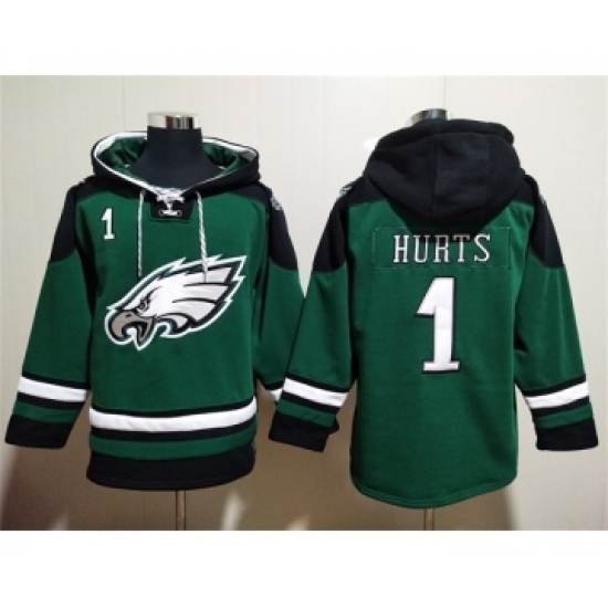 Men's Philadelphia Eagles #1 Jalen Hurts Green Lace-Up Pullover Hoodie - Ujersey