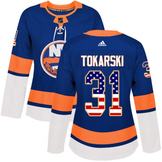 Women's Adidas New York Islanders #31 Dustin Tokarski Authentic Royal Blue USA Flag Fashion NHL Jersey - Ujersey