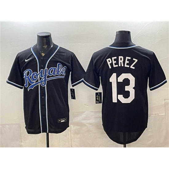 Men's Kansas City Royals #13 Salvador Perez Black 2026 Fashion Replica Black Out Stitched Baseball Jersey - Ujersey
