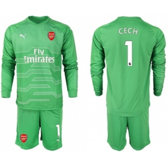 Arsenal #1 Cech Green Goalkeeper Long Sleeves Soccer Club Jersey