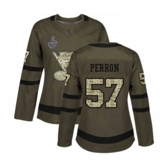 Women's St. Louis Blues #57 David Perron Authentic Green Salute to Service 2019 Stanley Cup Final Bound Hockey Jersey - Ujersey