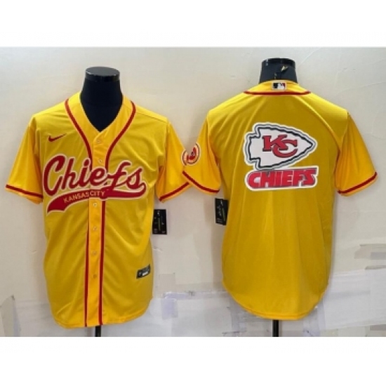 Men's Kansas City Chiefs Gold Team Big Logo With Patch Cool Base Stitched Baseball Jersey - Ujersey