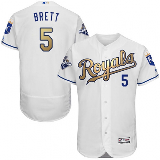 Men's Majestic Kansas City Royals #5 George Brett Authentic White 2015 World Series Champions Gold Program FlexBase MLB Jersey - Ujersey