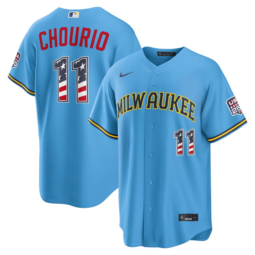 Men's Milwaukee Brewers Jackson Chourio Nike Light Blue USA 250 Fourth of July Road Stadium Jersey - Ujersey