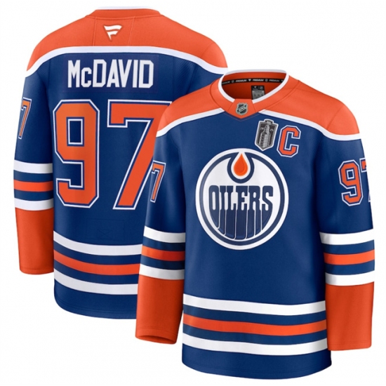 Men's Edmonton Oilers #97 Connor McDavid Royal 2025 Stanley Cup Final And C Stitched Hockey Jersey