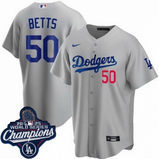 Men's Los Angeles Dodgers 50 Mookie Betts Cool Base 2025 World Champions Stitched Baseball Jersey Gray - Ujersey