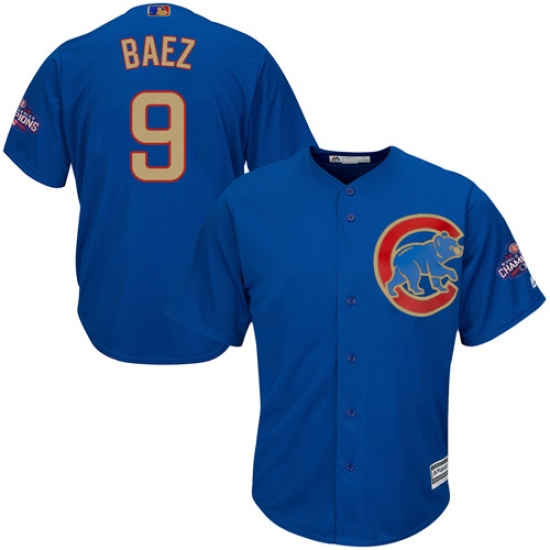Youth Majestic Chicago Cubs #9 Javier Baez Authentic Royal Blue 2017 Gold Champion Cool Base MLB Jersey - Ujersey
