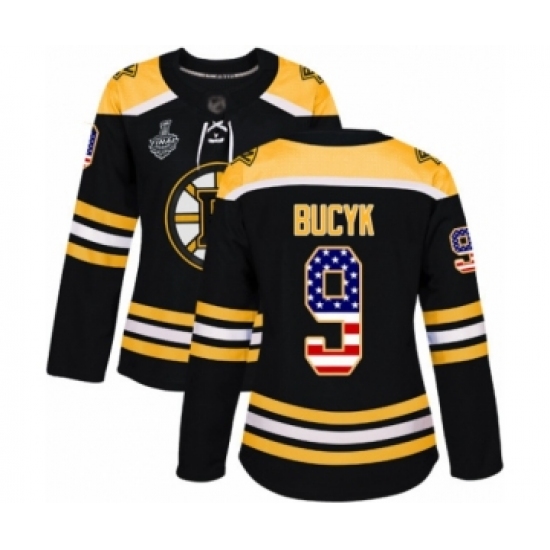 Women's Boston Bruins #9 Johnny Bucyk Authentic Black USA Flag Fashion 2019 Stanley Cup Final Bound Hockey Jersey - Ujersey