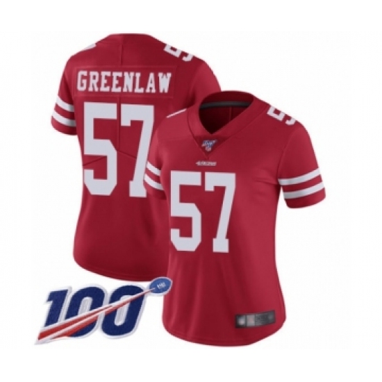 Women's San Francisco 49ers #57 Dre Greenlaw Red Team Color Vapor Untouchable Limited Player 100th Season Football Jersey - Ujersey