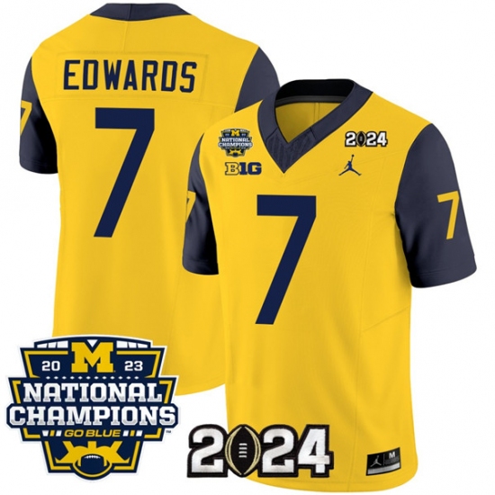 Men's Michigan Wolverines #7 Donovan Edwards Yellow Navy 2024 F.U.S.E. With 2023 National Champions Stitched Jersey - Ujersey