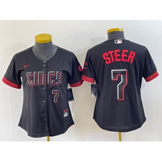 Women's Nike Cincinnati Reds #7 Spencer Steer Numer Black 2023 City Connect Cool Base Stitched Baseball Jersey2 - Ujersey