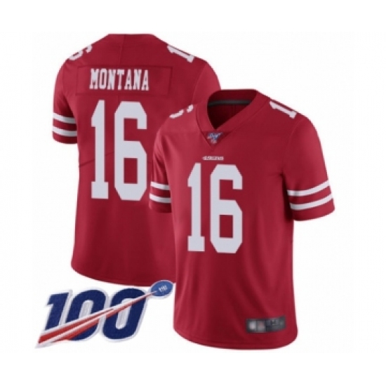 Youth San Francisco 49ers #16 Joe Montana Red Team Color Vapor Untouchable Limited Player 100th Season Football Jersey - Ujersey