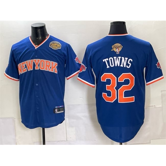 Men's New York Knicks #32 Karl-Anthony Towns Blue 2026 Finals & Eastern Conference Champions Stitched Baseball Jersey - Ujersey