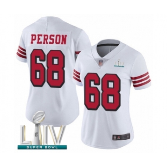 Women's San Francisco 49ers #68 Mike Person Limited White Rush Vapor Untouchable Super Bowl LIV Bound Football Jersey - Ujersey