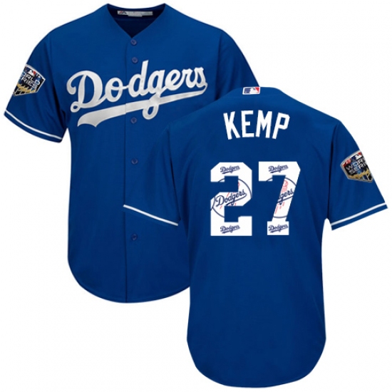 Men's Majestic Los Angeles Dodgers #27 Matt Kemp Authentic Royal Blue Team Logo Fashion Cool Base 2018 World Series MLB Jersey - Ujersey
