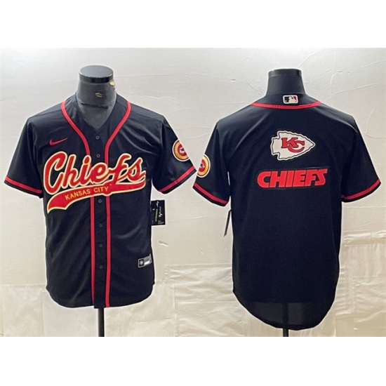 Men's Kansas City Chiefs Black Team Big Logo With Cool Base Stitched Baseball Jersey - Ujersey