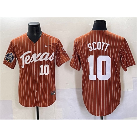 Men's Texas Longhorns #10 Mia Scott Orange Pinstripe 2025 World Series & SEC Patch Stitched Jersey - Ujersey