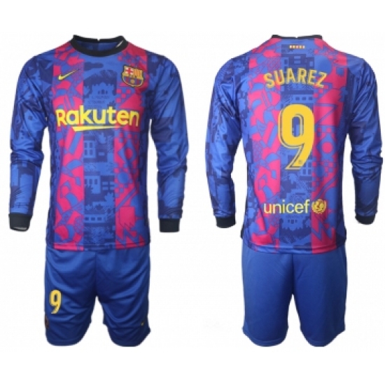 Men 2021-2022 Club Barcelona Second away blue Long Sleeve 9 Soccer Jersey
