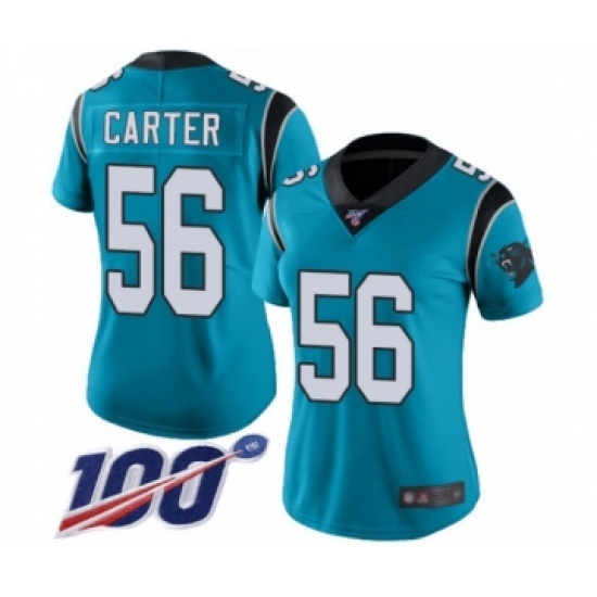Women's Carolina Panthers #56 Jermaine Carter Limited Blue Rush Vapor Untouchable 100th Season Football Jersey - Ujersey