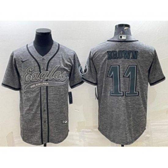 Men's Philadelphia Eagles #11 A. J. Brown Gray With Patch Cool Base Stitched Baseball Jersey - Ujersey