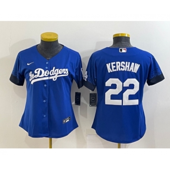 Women's Los Angeles Dodgers #22 Clayton Kershaw Blue 2021 City Connect Cool Base Stitched Jersey - Ujersey
