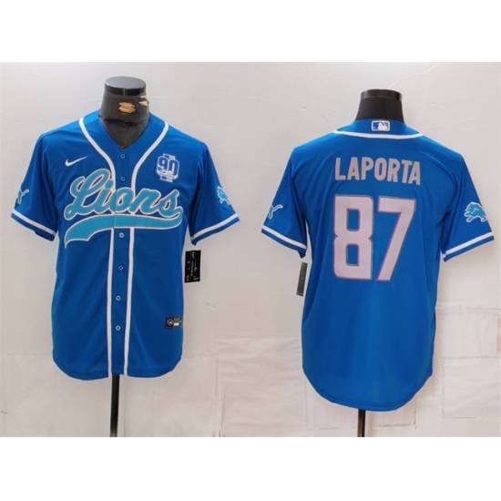 Men's Detroit Lions #87 Sam LaPorta Blue With 90th Anniversary Cool Base Stitched Baseball Jersey - Ujersey