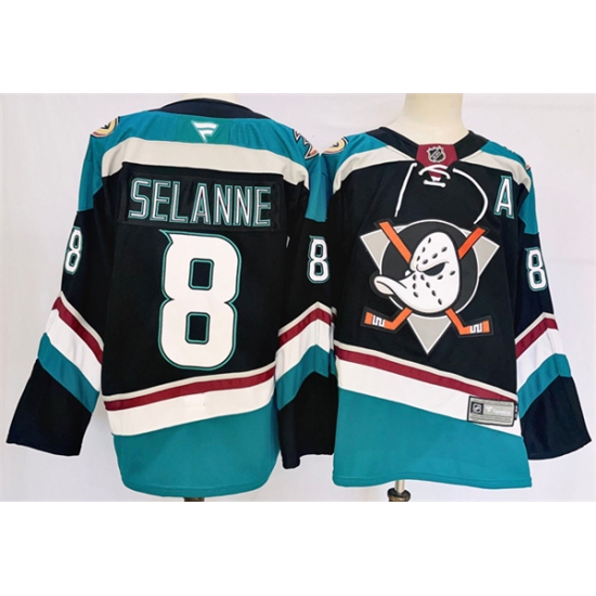 Men's Anaheim Ducks #8 Teemu Selanne Black Teal 2024-25 Stitched Jersey - Ujersey