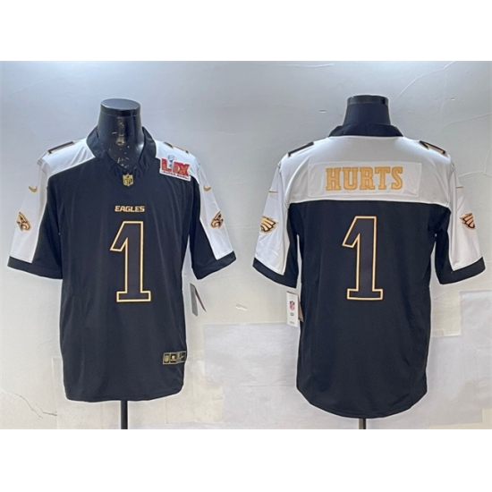 Men's Philadelphia Eagles #1 Jalen Hurts Black Gold 2025 Super Bowl LIX New F.U.S.E. Vapor Untouchable Limited Football Stitched Jersey