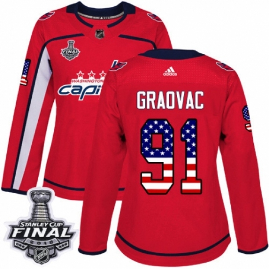 Women's Adidas Washington Capitals #91 Tyler Graovac Authentic Red USA Flag Fashion 2018 Stanley Cup Final NHL Jersey - Ujersey