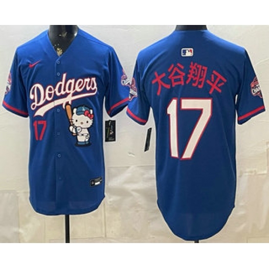 Men's Los Angeles Dodgers #17 Shohei Ohtani Blue Japanese Hello Kitty 2025 World Series Champions Limited Jersey - Ujersey