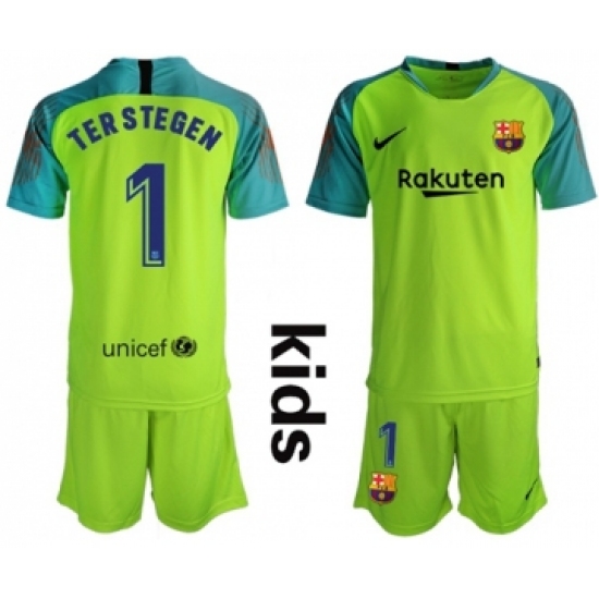 Barcelona #1 Ter Stegen Shiny Green Goalkeeper Kid Soccer Club Jersey