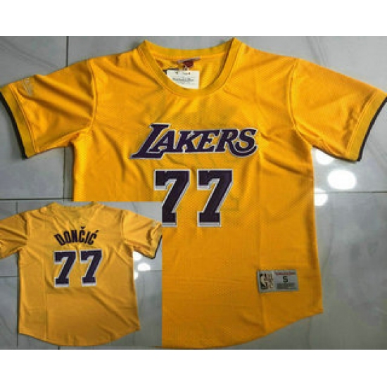 Men's Los Angeles Lakers #77 Luka Doncic Yellow Short Sleeved AU Throwback Jersey - Ujersey
