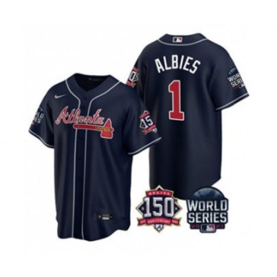Men's Atlanta Braves #1 Ozzie Albies 2021 Navy World Series With 150th Anniversary Patch Cool Base Baseball Jersey - Ujersey