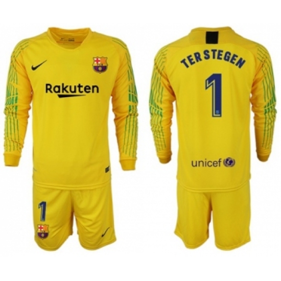 Barcelona #1 Ter Stegen Yellow Goalkeeper Long Sleeves Soccer Club Jersey