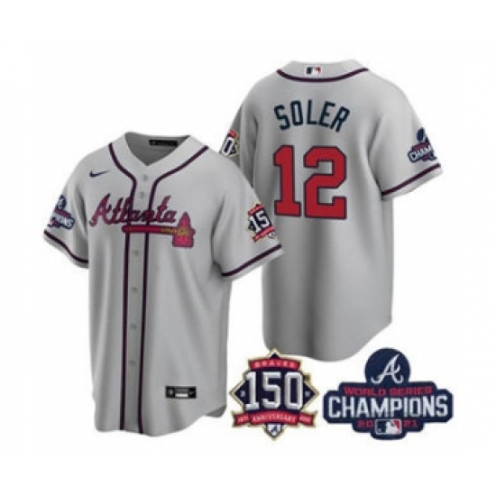 Men's Atlanta Braves #12 Jorge Soler 2021 Gray World Series Champions With 150th Anniversary Patch Cool Base Stitched Jersey - Ujersey