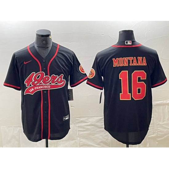Men's San Francisco 49ers #16 Joe Montana Black Red With Cool Base Stitched Baseball Jersey - Ujersey