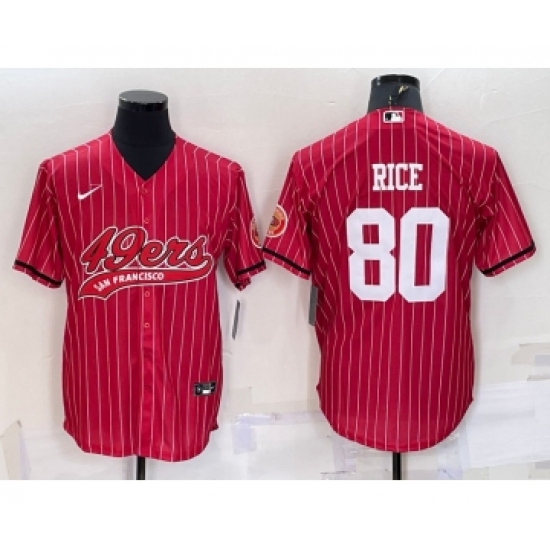 Men's San Francisco 49ers #80 Jerry Rice Red Pinstripe With Patch Cool Base Stitched Baseball Jersey - Ujersey